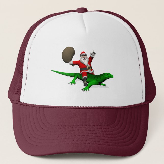 Santa Claus Riding Green Lizard Trucker Hat (Front)