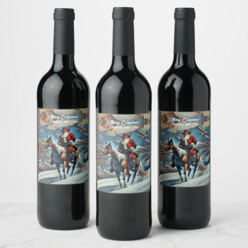  Santa Claus Riding Horse Christmas Wine Label