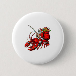 Santa Claus Riding Lobster Lights Christmas Fishin Button