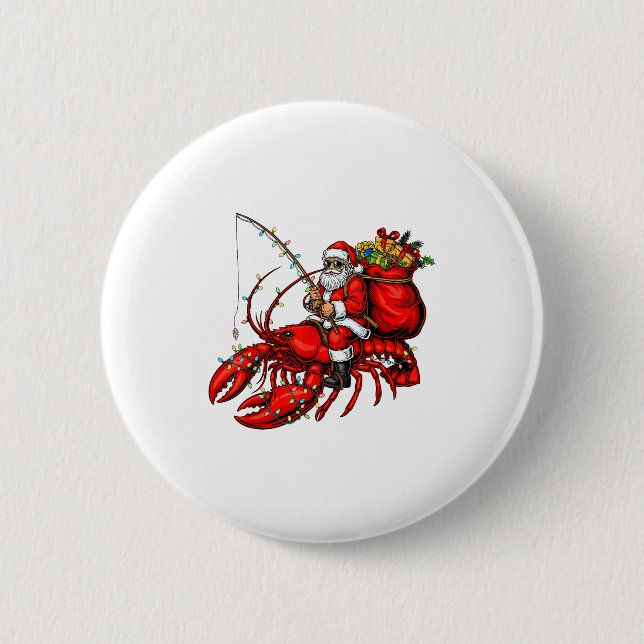 Santa Claus Riding Lobster Lights Christmas Fishin Button (Front)