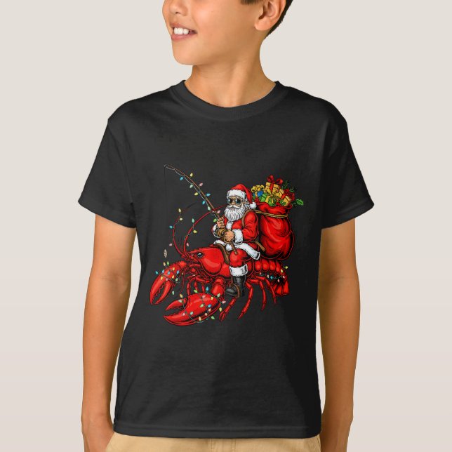 Santa Claus Riding Lobster Lights Christmas Fishin T-Shirt (Front)