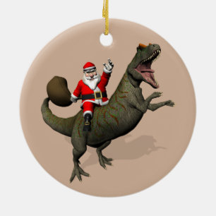 Santa Claus Riding On Allosaurus Ceramic Ornament