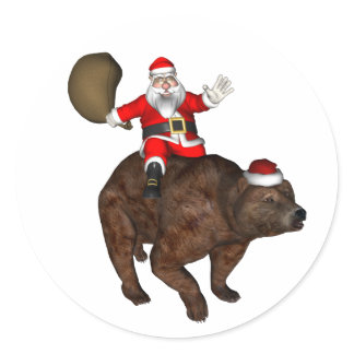 Santa Claus Riding On Bear Classic Round Sticker