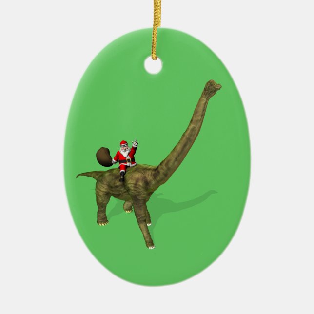 Santa Claus Riding On Brachiosaurus Ceramic Ornament (Front)