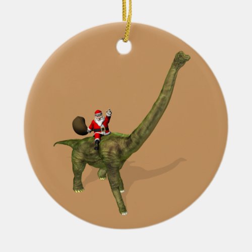 Santa Claus Riding On Brachiosaurus Ceramic Ornament