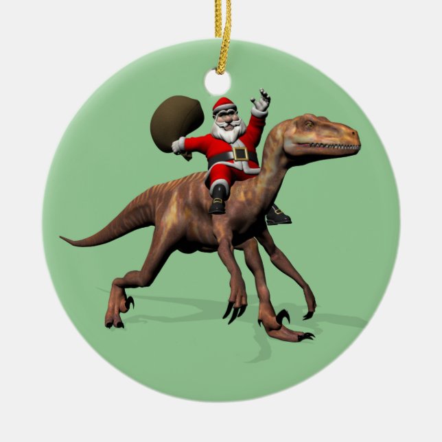 Santa Claus Riding On Deinonychus Ceramic Ornament (Front)