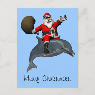 Santa Claus Riding On Dolphin Holiday Postcard