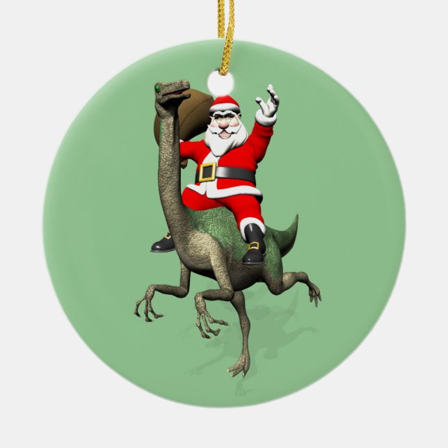 Santa Claus Riding On Gallimimus Ceramic Ornament (Front)