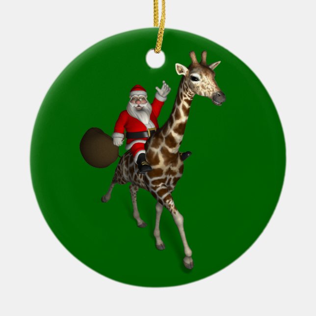 Santa Claus Riding On Giraffe Ceramic Ornament (Front)