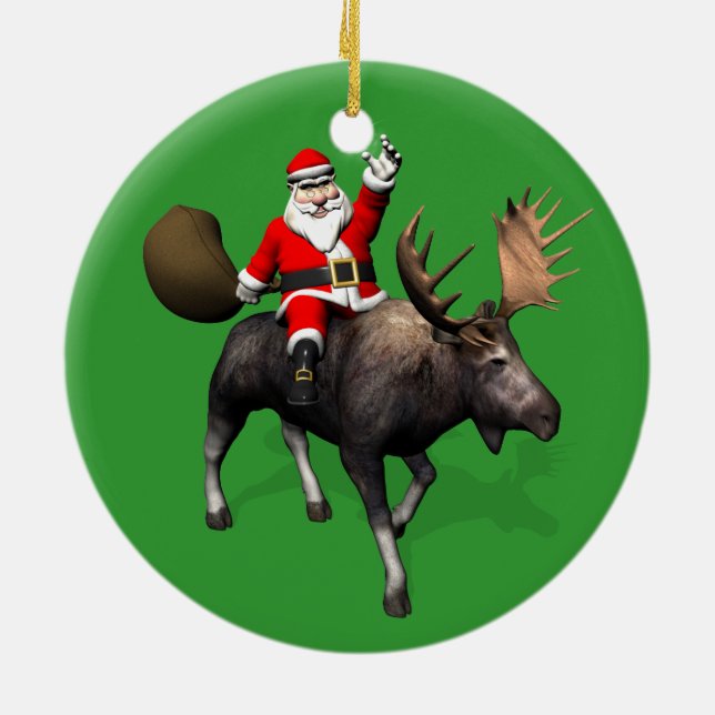 Santa Claus Riding On Moose Ceramic Ornament (Back)