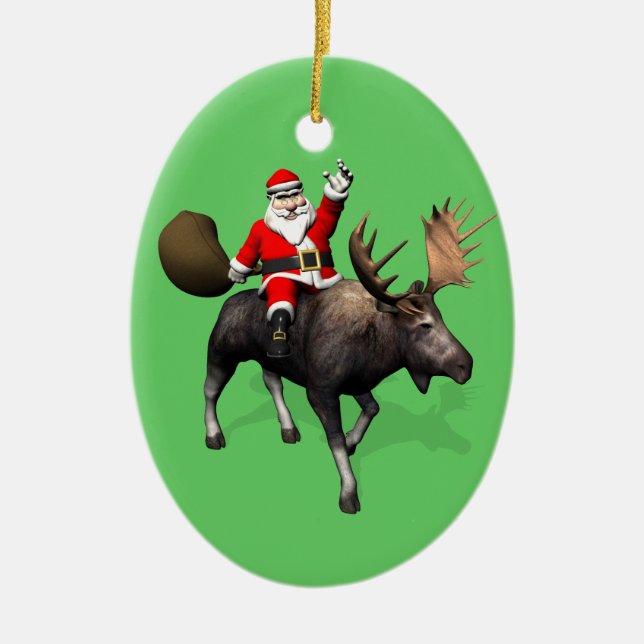 Santa Claus Riding On Moose Ceramic Ornament (Front)