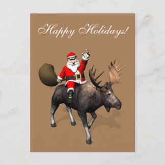 Santa Claus Riding On Moose Holiday Postcard