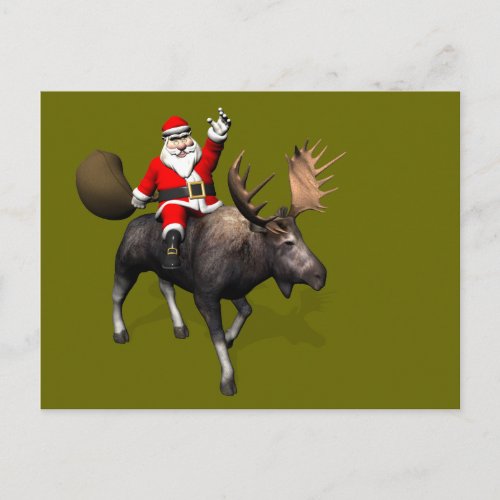 Santa Claus Riding On Moose Holiday Postcard