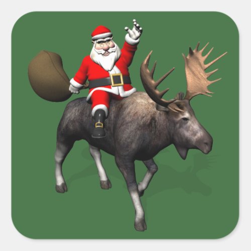 Santa Claus Riding On Moose Square Sticker