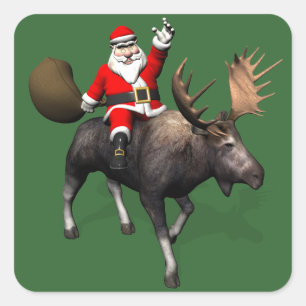 Santa Claus Riding On Moose Square Sticker