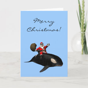 Santa Claus Riding On Orca Holiday Card