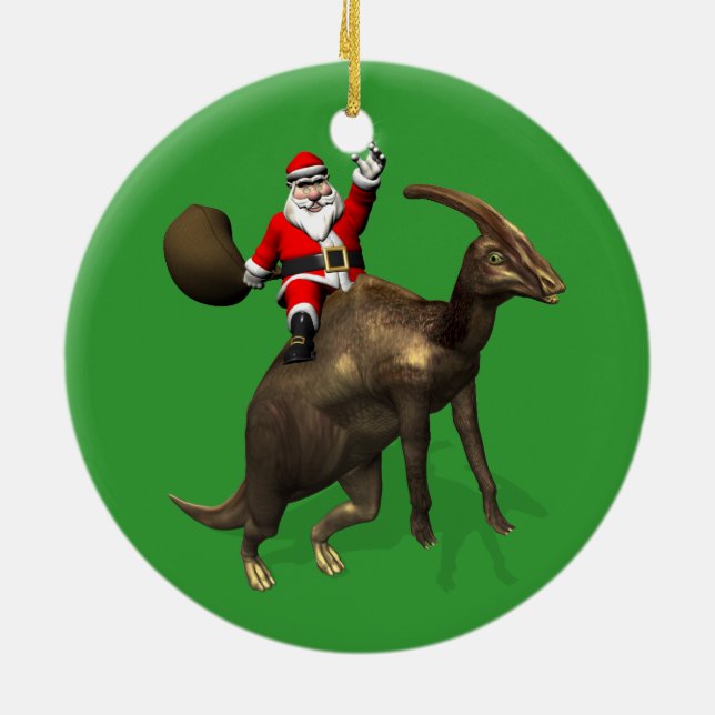Santa Claus Riding On Parasaurolophus Ceramic Ornament (Back)