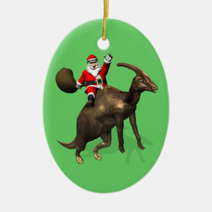 Santa Claus Riding On Parasaurolophus Ceramic Ornament