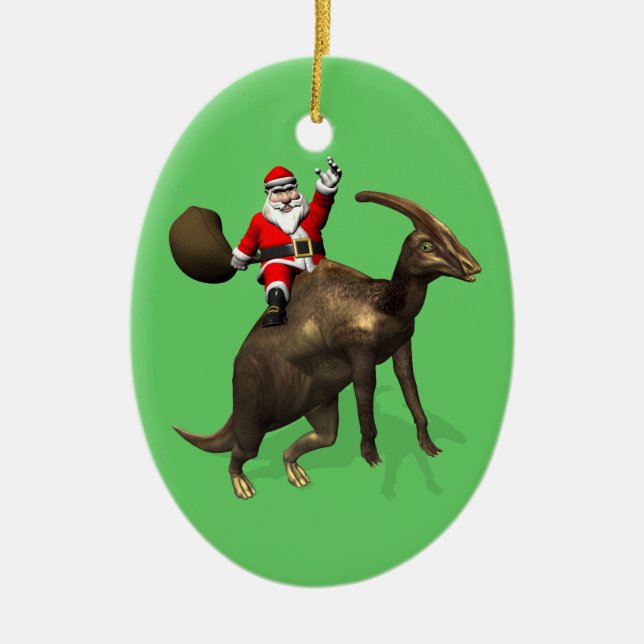 Santa Claus Riding On Parasaurolophus Ceramic Ornament (Front)