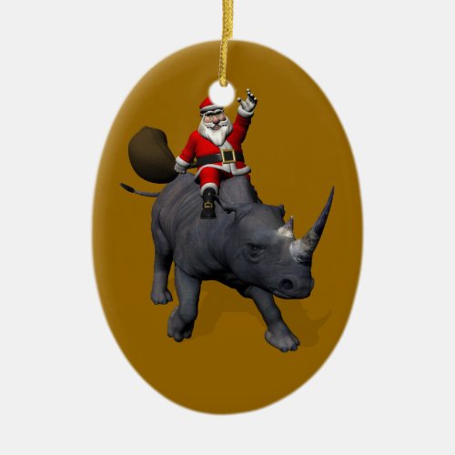 Santa Claus Riding On Rhinoceros Ceramic Ornament