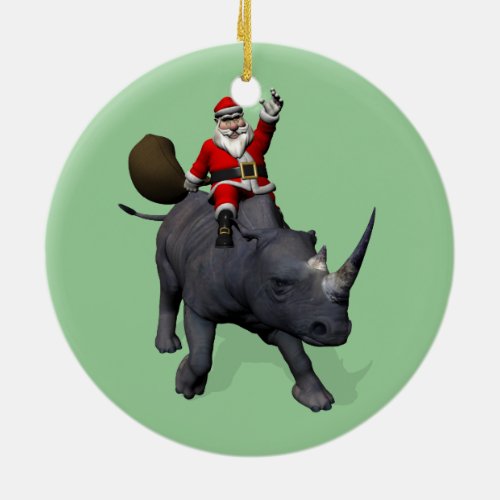 Santa Claus Riding On Rhinoceros Ceramic Ornament