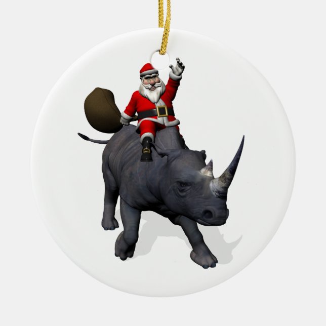 Santa Claus Riding On Rhinoceros Rhino Ceramic Ornament (Front)