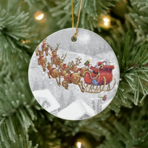 Santa Claus riding on sleigh with gift box Ceramic Ornament