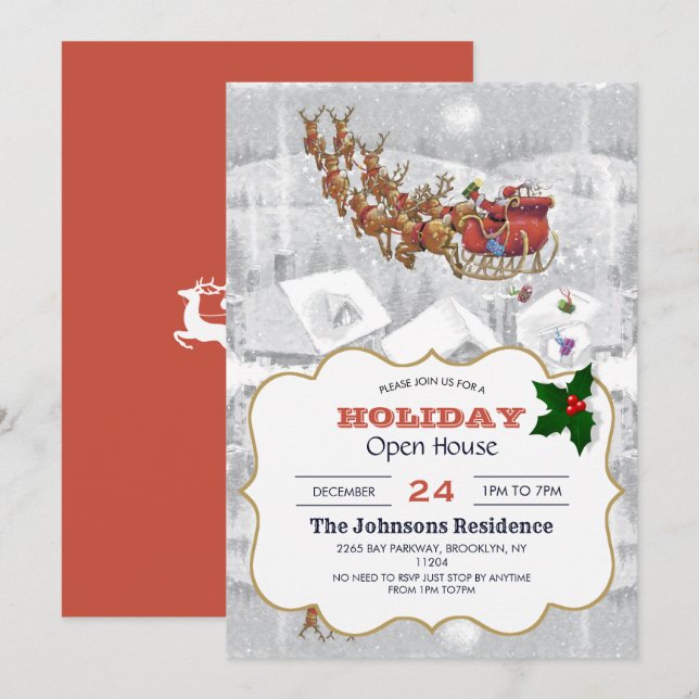 Santa Claus riding on sleigh with gift box         Invitation (Front/Back)
