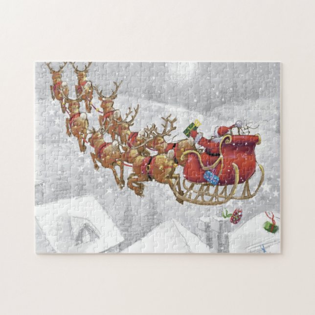 Santa Claus riding on sleigh with gift box Jigsaw Puzzle (Horizontal)