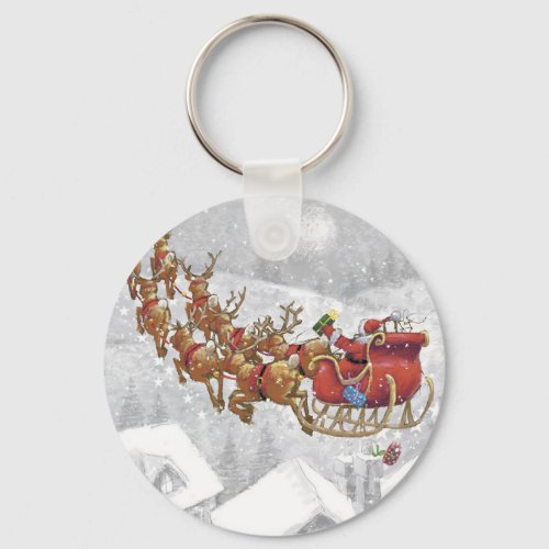 Santa Claus riding on sleigh with gift box Keychain
