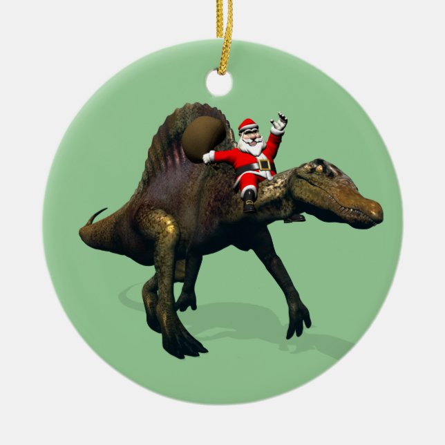 Santa Claus Riding On Spinosaurus Ceramic Ornament (Front)