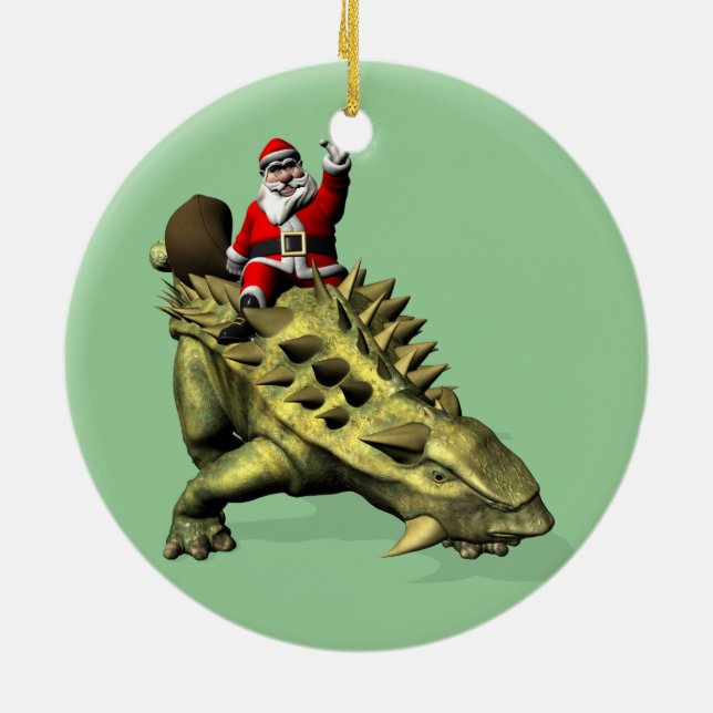 Santa Claus Riding On Talarurus Ceramic Ornament (Back)