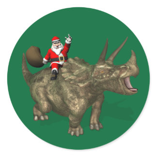 Santa Claus Riding On Triceratops Classic Round Sticker