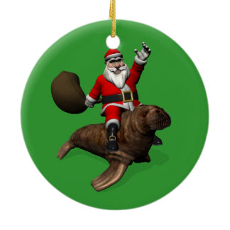 Santa Claus Riding On Walrus Ceramic Ornament