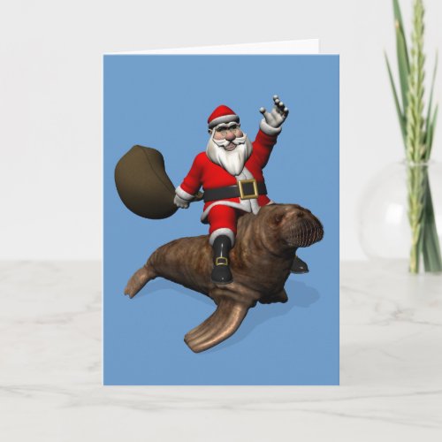 Santa Claus Riding On Walrus Holiday Card