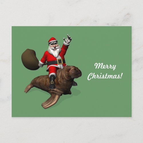 Santa Claus Riding On Walrus Holiday Postcard