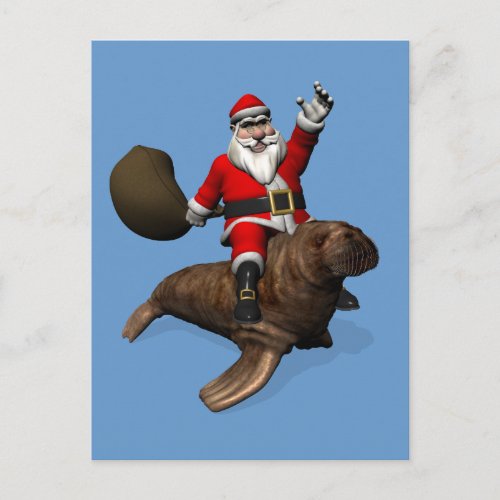 Santa Claus Riding On Walrus Holiday Postcard