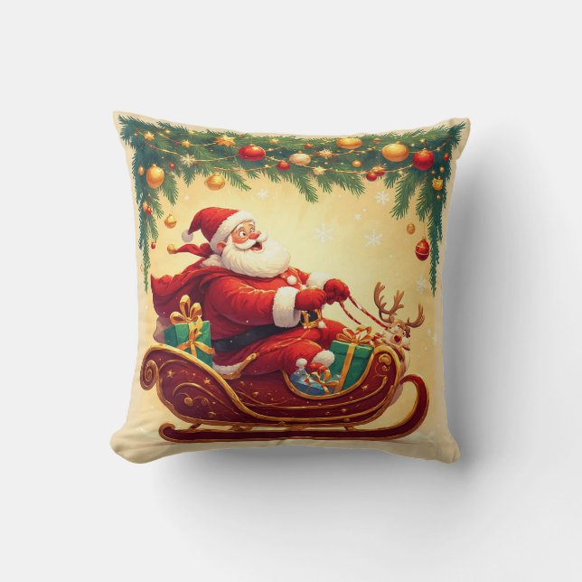 Santa Claus Riding Sleigh with a Reindeer Throw Pillow (Front)