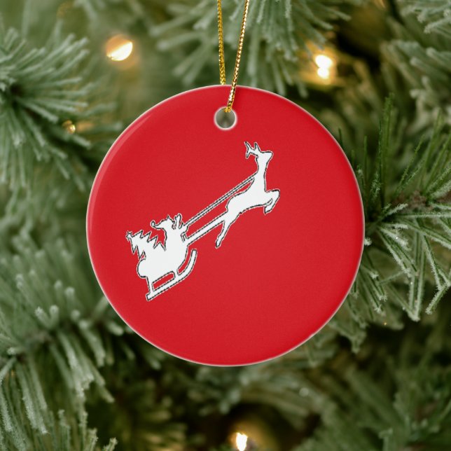 Santa Claus riding sly with reindeer Ceramic Ornament (Tree)