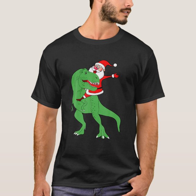 Santa Claus Riding T Rex Funny Christmas Dinosaur  T-Shirt (Front)