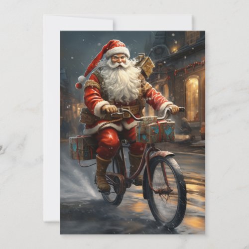 Santa Claus Riding the Bike Christmas Holiday Card