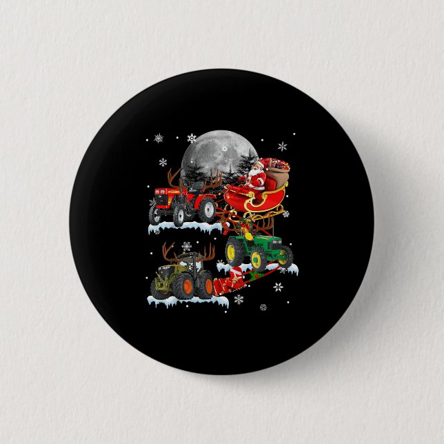 Santa Claus Riding Tractor Sleigh Christmas Tracto Button (Front)