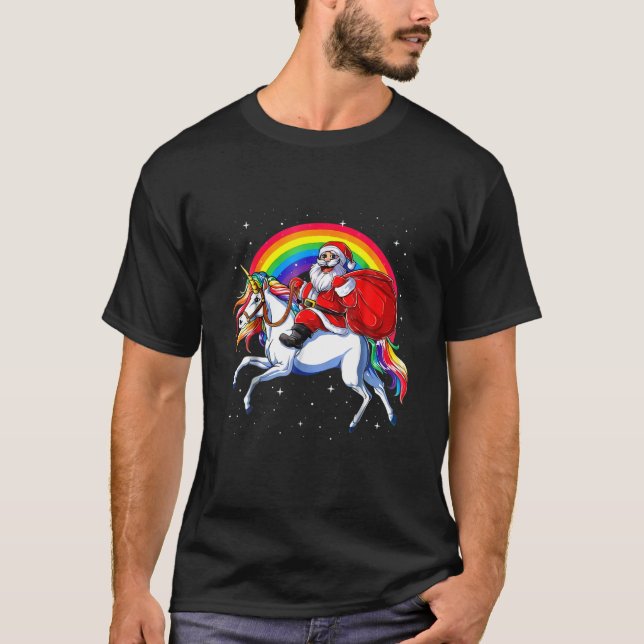 Santa Claus Riding Unicorn Rainbow Christmas Kids T-Shirt (Front)