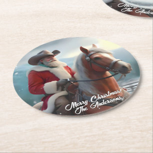 Santa Claus Riding Western Christmas Round Paper Coaster