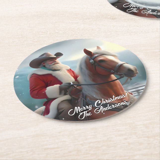 Santa Claus Riding Western Christmas Round Paper Coaster (Angled)