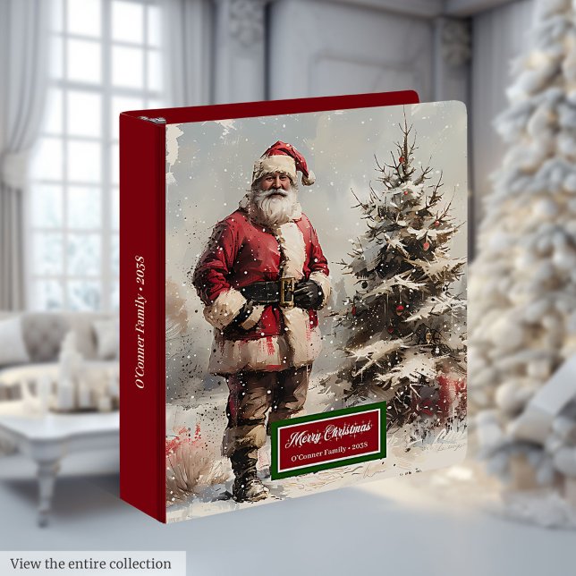 Santa Claus Ring Binder Elegant Custom Name Art (Watercolor Santa Binder Classic Holiday Keepsake)