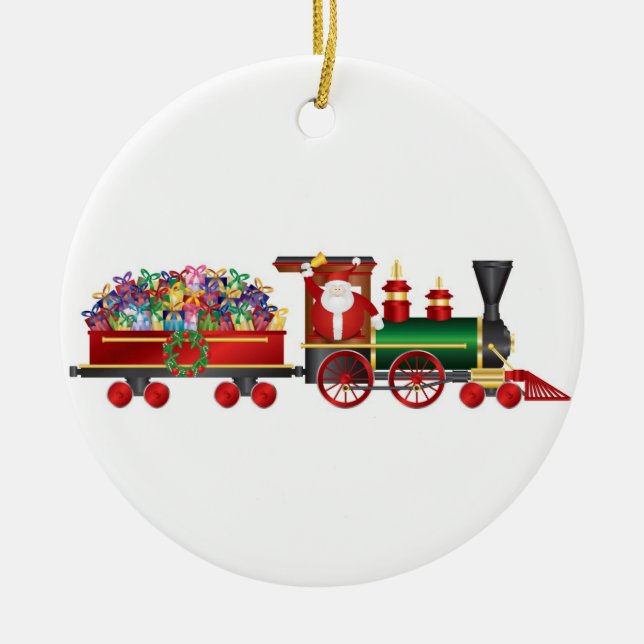 Santa Claus Ringing Bell on Train Ornament (Front)