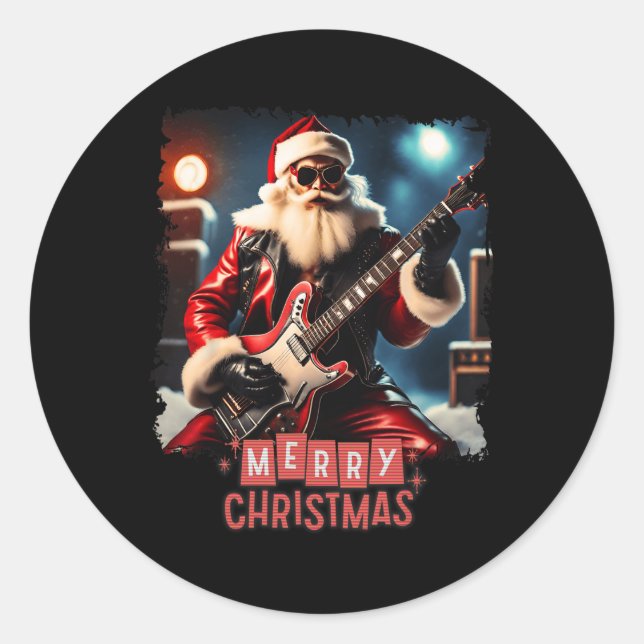 Santa Claus Rock Guitar Merry Christmas  Classic Round Sticker (Front)