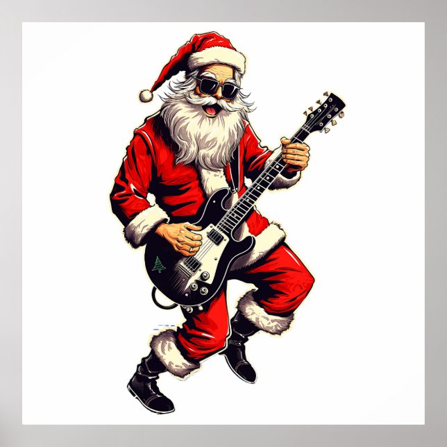 Santa Claus Rocking & Jamming On His Guitar Poster (Front)