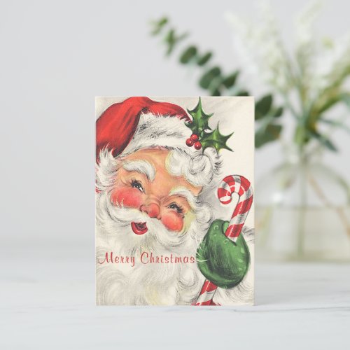 Santa Claus Rosy Cheeks Holding Candy Cane  Postcard